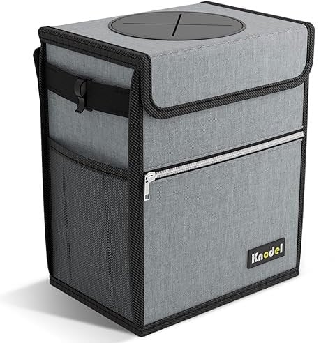 Poubelle de voiture Knodel avec couvercle, Poubelle de voiture étanche avec sacs de rangement, Sac poubelle de litière automatique étanche suspendu pour l'appuie-tête (Petit, Gris)