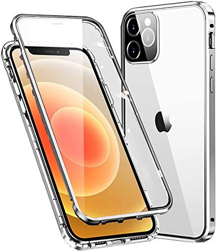 LIUKM Case for iPhone 12 Mini 360° Magnetic Cover,Transparent Double Sided Tempered Glass with Shockproof Metal Bumper[Built-in Magnet] One-piece Design Full Body Protective Flip Case [Silver]