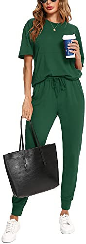 Irevial Sportivo Donna Completo, Completi Sportivi Donna Due Pezzi, Tuta Donna Sportiva Estiva, T-Shirt & Pantaloni Elegante Casual Tuta Donna Ginnastica per Jogging,Fitness, Casa, Pigiama, Verde, L