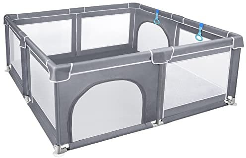 NAIZY Laufstall Baby XXL Laufgitter 200x180cm inkl. Trainingsarmband Krabbelgitter mit atmungsaktivem Netz und Rutschfester Basis für Kinder im Innen- und Außenbereich, Normal Grau