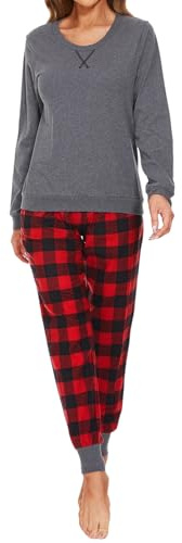 Mnemo Pyjama Femme Ensemble à Carreaux Coton Manches Longues, Grille Rouge et Noire, L