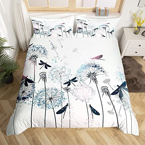 Libellen-Bettbezug, King-Size-Größe, buntes Löwenzahn-Bettwäsche-Set, 3-teilig für Kinder, Mädchen, Frau, Erwachsene, Zimmerdekoration, Natur, fliegende Tiere, Pflanzen, 2 Kissenbezüge, weiß