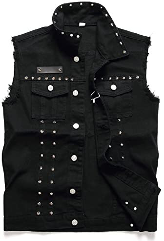 JUDIGODR Denim Weste Männer Revers Ärmellos Slim Fit Retro Zerrissen Casual Jean Weste für Herren, Nieten schwarz, Small