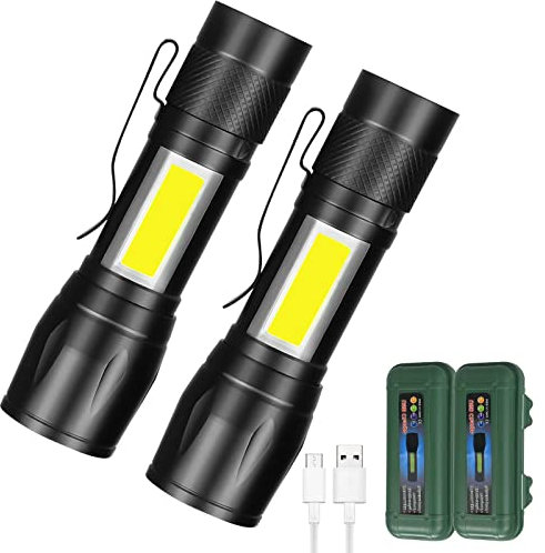 WORLUDE 2Pcs Mini Torch, Rechargeable Small Torch with COB Side Lights(USB Charge), 300 Lumens Strong Flashlight with Adjustable Focus, 3 Modes, for Hiking Camping Walking Dog-Walk (with Pen Clip)