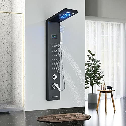 NEWCES Edelstahl-Duschpaneel-Tower-System Regenwasserfall-Massagestrahl-Brausebatterie-Schwarz A