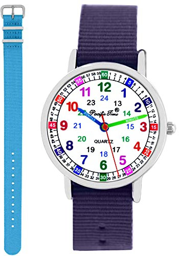Pacific Time Kinder Armbanduhr Mädchen Jungen Lernuhr Kinderuhr Set 2 Textil Armband violett + hell blau analog Quarz 11138