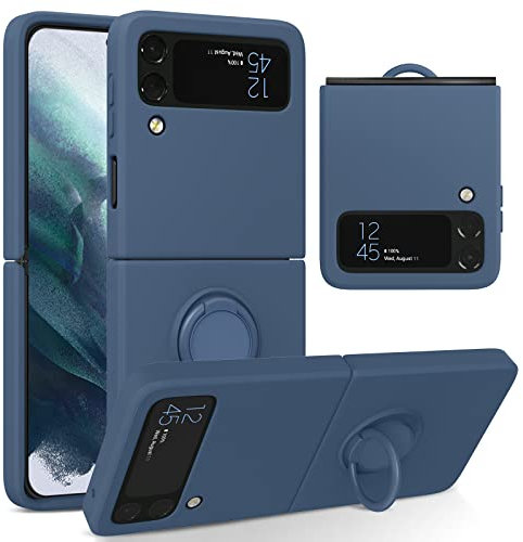 UEEBAI Silikonhülle mit Ring für Samsung Galaxy Z Flip 3 5G, Leichte Etui Case Faltbare Hülle Schlanke Stoßdämpfung Handyhülle mit 360 Grad Drehung Ringhalter Schutzhülle – Navy Blau