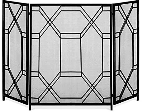 CAZARU Black Decor Fireplace Screen, 131×85cm Free Standing Spark Guard for Electric Fireplace, Vintage Ornamental Fire Screen