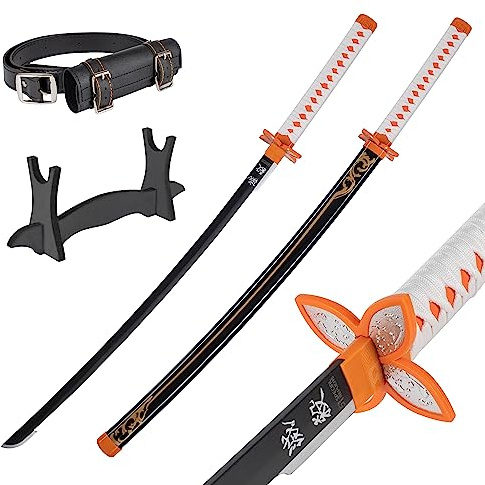 57 SPECIAL REPLICAS Daemon Slayer Katana Schwert 105 cm/41 Zoll - Samurai Schwert Holz mit Gürtel, Ständer & Scheide - Holzschwert aus Bambusholz für Anime Cosplay- Anime Schwerter (Nicht Scharf)