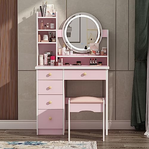 DEZAGCE Schminktisch mit runden Spiegel und 5 Schubladen, Frisiertisch mit Hocker, Kosmetiktisch, Eckschminktisch, Schminktische, Make-up-Tisch, Rosa, Romantisch, 80 B x 40 T x 135H cm