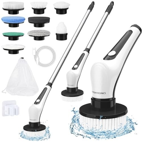 Brosse Nettoyage Electrique,[IPX8 Imperméable] Homtronics Brosse Rotative Électrique,Brosse Nettoyage Salle de Bain,sans Fil,avec Poignée Réglable et 9 têtes Brosse pour Plancher,Voiture,Noir