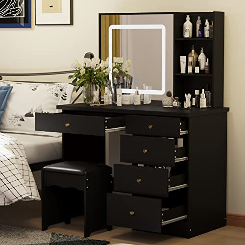 Caldion Große Schminktisch mit Beleuchtung,Schminktische mit Hocker,Frisiertisch,Kosmetiktisch mit 5 Schubladen Regale, Kommode Schlafzimmer Schwarz