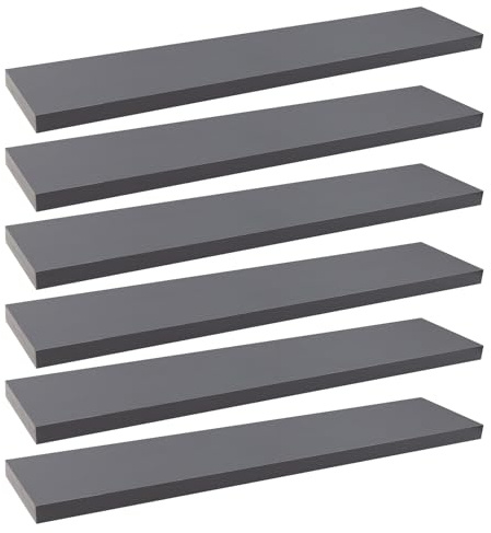 WOLTU 6 Pcs Floating Shelves, 110cm Dark Grey Wall Shelf, Bookshelf | MDF Wooden Shelving Boards, Hanging Screw Mounted Showcase & Organiser for Living Room, Bedroom, Kitchen, Office
