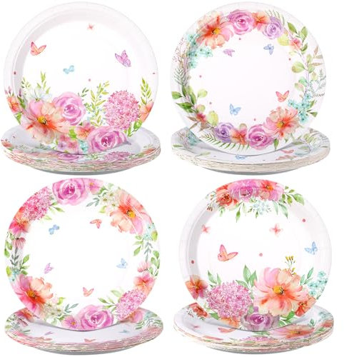 Zopeal 60 piatti di carta con fiori rosa, 22,9 cm, piatti da portata per feste di compleanno, tè e feste, per ragazze, primavera, baby shower, feste di nozze