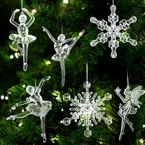 Bencailor 6 Pcs Winter Acrylic Snowflake Ornaments Ballerina Dancer Ornaments Ballet Hanging Ornaments Dance Decorative Set for Christmas Xmas Tree Nutcracker Decoration