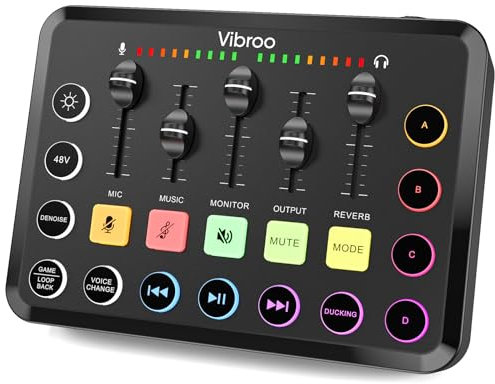 Vibroo Mixer audio da gioco, interfaccia audio ricaricabile RGB PC Mixer con interfaccia microfono XLR, controllo individuale, volume fader, pulsante mute, alimentazione phantom 48 V, per