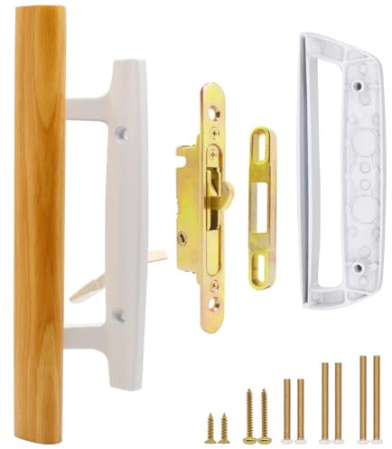 TPard Patio Sliding Glass Door Handle with Mortise Lock 45° Keyway, Non-keyed Oak Wood Inside Handles and Zinc Diecast Outside Pull, 3-15/16 H.C., Non-Handed, White
