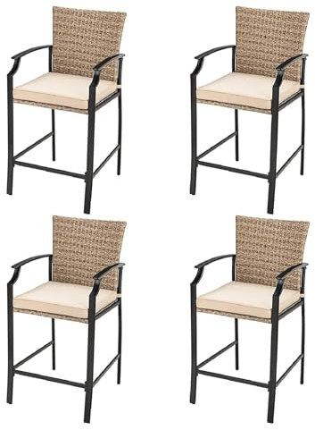 GiantexUK 5 Pieces Outdoor Bar Stool Set, Patio Rattan Bistro Set with 4 Wicker Bar Chairs & 1 Bar Table, Garden Table and Chairs Set for Courtyard Poolside (4 Armchairs)