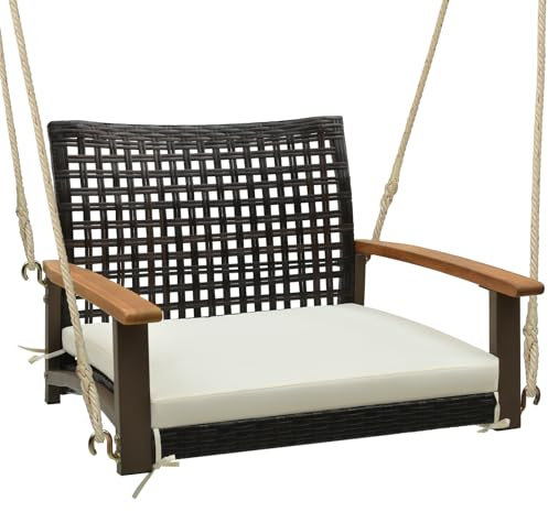 GYMAX Balançoire 1 Personnes pour Jardin en Rotin, Chaise Suspendue 1 Place, avec Coussin de Siège, Accoudoirs en Bois d'Acacia, Cordes de Chanvre Robustes, pour Extérieur, Porche, Terrasse