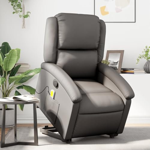 Homgoday Massagesessel mit Liegefunktion, grau, echtes Leder, Sessel, Relaxsessel, Massagesessel für den ganzen Körper
