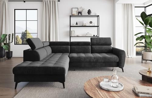 Easy4You Ecksofa Bjorn Velvet L-Form Graphite – 260x101x215 cm - Schlafsofa mit Bettkasten und Schlaffunktion - Eckcouch mit Stauraum - Verstellbare Kopfstützen – Links – Stoff Monolith 92