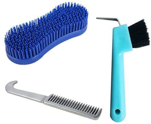 NIYATA Horse Grooming Brush, with Hoof Pick and Mane Comb, Multifunctional & Durable, Blue