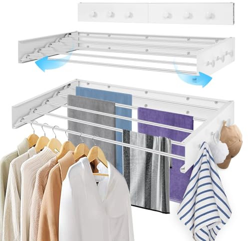 Joyoleder Wäscheständer Wandmontage,80 cm wäschetrockner Wand platzsparend ausziehbar mit 6 Handtuchhaken,Wand Wäschetrockner für drinnen oder draußen,Balkon, Terasse（Weiß）