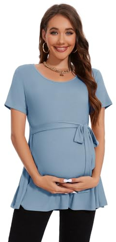 Smallshow Maternity Clothes Manches Courtes Tie Front T-Shirts et Tops Grossesse,Light Blue,M