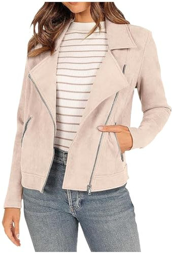 Veste de moto d'automne en faux daim pour femme - Manches longues - Fermeture éclair - Manteaux courts décontractés avec poches - Vêtements d'extérieur pour temps froid, beige, L