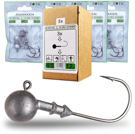 Zotic Profi Qualitäts Jighaken mit Doppelwulst, Jigköpfe, 15 Stück, Hecht, Zander, Barsch, Rundkopf, Spinnfischen, Angelzubehör, Spitz, Scharf, Haken (2/0-20g)