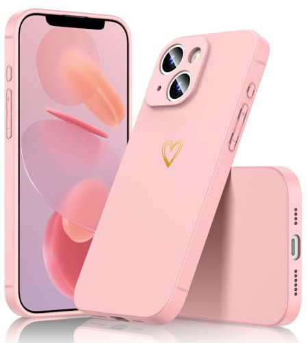Noyabox Silicone Case for iPhone 13, Cute Shockproof Full Cover with Smooth Touch Printed Heart-Shaped Love Pattern Slim Lightweight Stain-Resistant Design, Pink