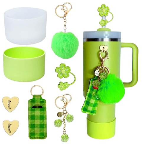 Accessories for Stanley Cup 40oz,2 Silicone Boots for Stanley Tumbler,1 Flower Straw Cover Topper,2 Charms Hooks,1 Lipstick Holder Bag,1 Pompom Ball,1 Cute Keychain Charms(Green)