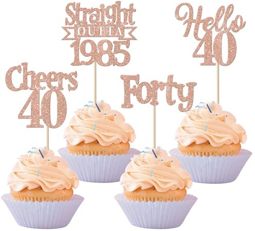 24 Stück Straight Outta 1985 Geburtstag Tortendeko Glitzer Hello 40 Forty Cupcake Toppers für Prost auf 40 Jahre Geburtstag Hochzeit Jahrestag Party Kuchen Dekoration Rosegold
