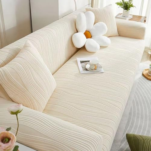 Hiseng Stretch Sofa Überzug, Jacquard Sofabezug 1 2 3 4 Sitzer Einfarbiger Couch Überzug All-Inclusive Sofa Cover, Sofaschoner für Wohnzimmer, Schlafzimmer, Büro (Weiß Streamline,3-Sitzer)