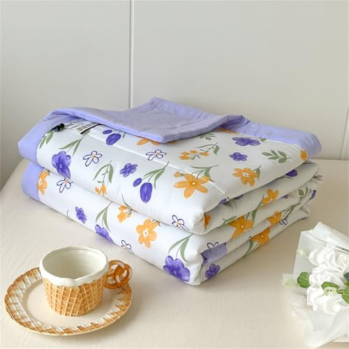 Highdi Spring Floral Print Reversible Bed Throws Quilted Bedspreads, Lightweight Patchwork Quilt Comforter Single Double, Throw Summer Quilt, Quilted Blanket for All Seasons (Purple,200x230cm)