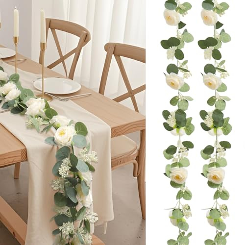 2Pcs 6.6Ft Artificial Eucalyptus Flower Garland,Greenery Garland Faux Floral Ivy Vines for Weddings Parties Stairs Door Frame Decorations, Seeded Eucalyptus Leaves Garland for Home (Champagne)