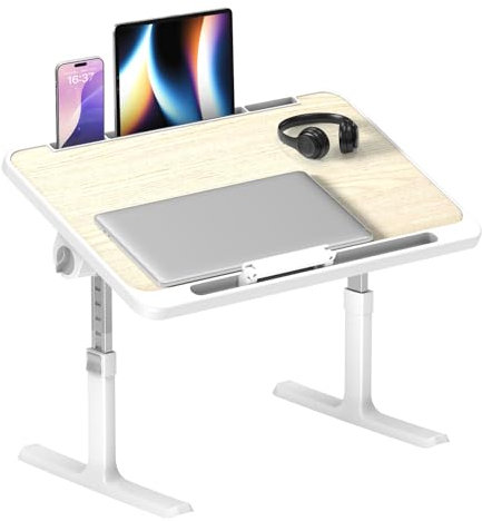 Table de Lit Réglable 60 x 40 cm, Plateau Bureau Pliable pour Ordinateur Portable, Hauteur et Angle Ajustables, Lapdesk Pliable avec Support Tablette, Idéal pour Lit, Canapé, Sol - Érable