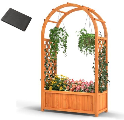 HOMASIS Jardinera Rectangular Exterior con Arco de Jardín, Huerto Urbano de Madera de Abeto para Plantas Trepadoras, Escalera de Plantas, Flores, Macetero Alta para Decoración, 77 x 31 x 22 cm, Russet
