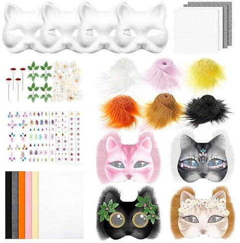 Therian Katzenmaske Mask, DIY Papier Maske mit Kuns Fell,Eye Mesh,und Kunststoffnetzfolie, Therian Mask, Katzenmasken zum Basteln, Unbemalt Masken für Halloween, Karneval, Maskerade, Party Cosplay (B)