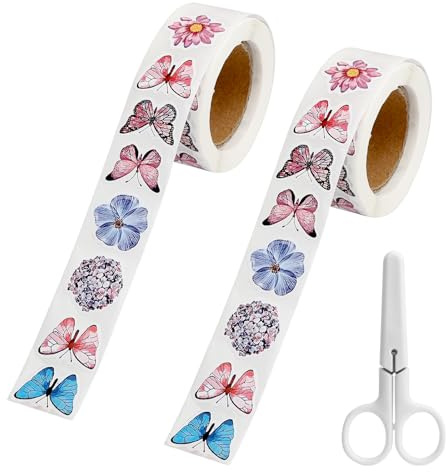 KQDRAVINE 1000 Auf Blumen Sticker Rolle & Schmetterling Aufkleber mit Schere, Sticker Blumen Schmetterling Stickerrolle für Sammelalben Umschläge, DIY Handwerk Scrapbooking, Dekorative Geschenke