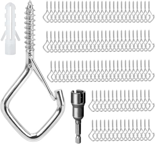 Ticway 110 PCS Q-Hanger Hooks for String Lights, Ceiling Hangers for Plants & Wind Chimes, Christmas Decorations Outdoor Hooks Silver