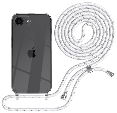 EAZY CASE Handykette kompatibel mit iPhone 16e Handyhülle mit Umhängeband, Handykordel mit Schutzhülle, Silikonhülle, Hülle mit Band, Stylische Kette für Smartphones, Weiß/Silber