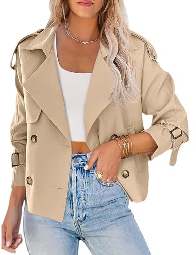 Momuk Womens Cropped Trench Coat Long Sleeve Casual Loose Lapel Double Breasted Short Jacket Outwear with Pockets (Light khaki XL)