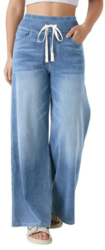 Fengbay Damjeans vida ben säckig stretch hög midja dragsko breda ben raka byxor damjeans