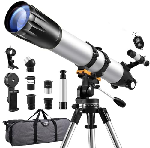 Teleskop,90mm Öffnung 900mm Teleskop für Erwachsene,36X-675X Refraktor Teleskope,Tragbares Reiseteleskop für Anfänger & Kinder mit Fernbedienung,Handyhalterung,Stativ,Telefon Adapter,Tragetasche