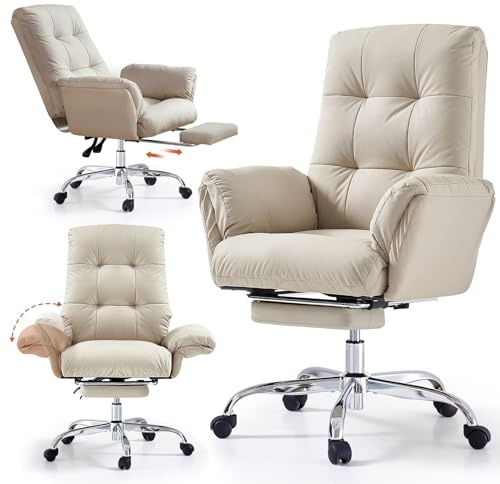 EMIAH Criss Cross Chair with Wheels and Flip-up Arms, PU Leather, Beige | Home Office Chair with Footrest, Reclining Ergonomic Executive Desk Chair, Comfortable Rolling Computer Office Chairs
