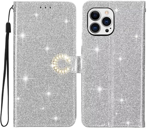 EuoDuo compatible with iPhone X/iPhone XS Glitter Leather Case Phone Wallet Magnetic Sparkly Diamante Design Flip Cover with Credit Card Holder for Women - Silver