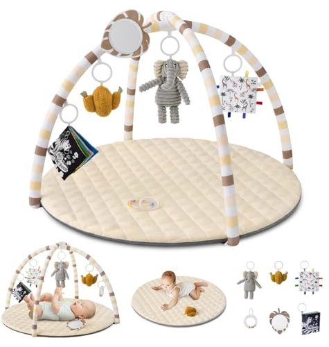 Blissful Diary Spielbogen Baby, Spieldecke Baby Gym Activity Decke mit 6 Abnehmbare Spielzeuge, krabbeldecke Einfach zu Installieren und zu Reinigen, Unverzichtbare Babygeschenke, Beige