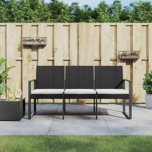 Bucmath Gartenbank 3-Sitzer mit Kissen, Schwarz PP-Rattan, Outdoor Sitzbank für Terrasse und Garten, wetterfest, 152,5 cm breit, Anthrazit Stahlrahmen
