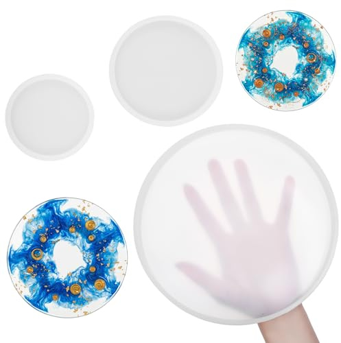 3 Stück Runde Silikonform für Untersetzer, Untersetzer Silikonformen Epoxidhar, Gießformen Silikon, Silikon Gießformen Tablett, Epoxidharz Formen für DIY Bastelprojekte, Heimdekoration (3 Größen)